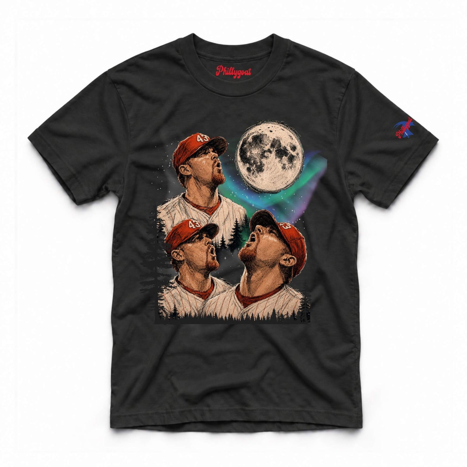 Funny Randy Wolf meme shirt. A black short-sleeve graphic t-shirt featuring three baseball players looking up at a full moon with the aurora borealis in the background. The word 'Phillygoat' is printed in red on the inside neck label, and a small logo is on the right sleeve.