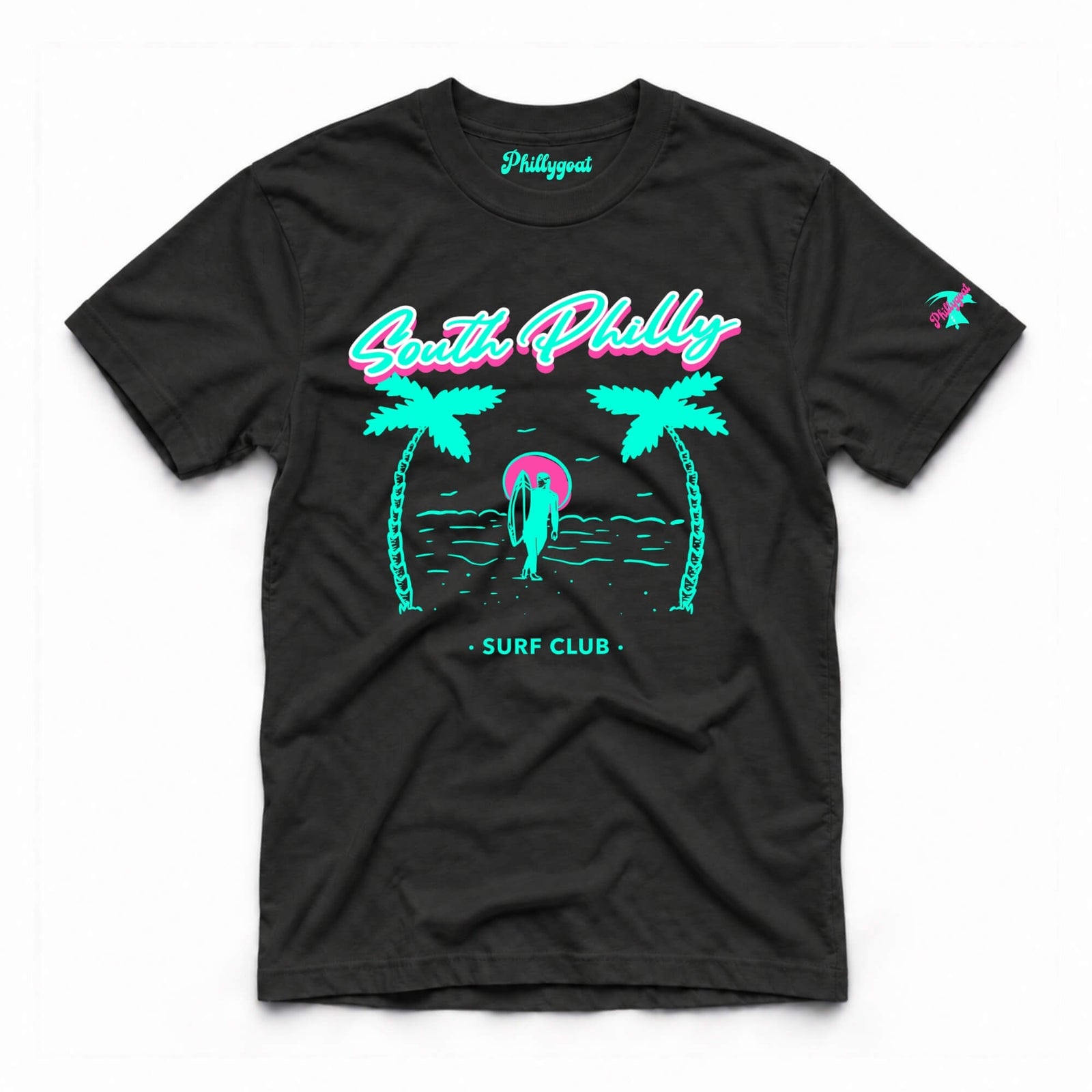 A black short-sleeve t-shirt with a vibrant graphic on the front featuring the text 'South Philly SURF CLUB' in pink and teal, flanking a turquoise palm tree and surfboard design. The brand name 'Phillypoot' is printed inside the collar, and a small logo is on the right sleeve.