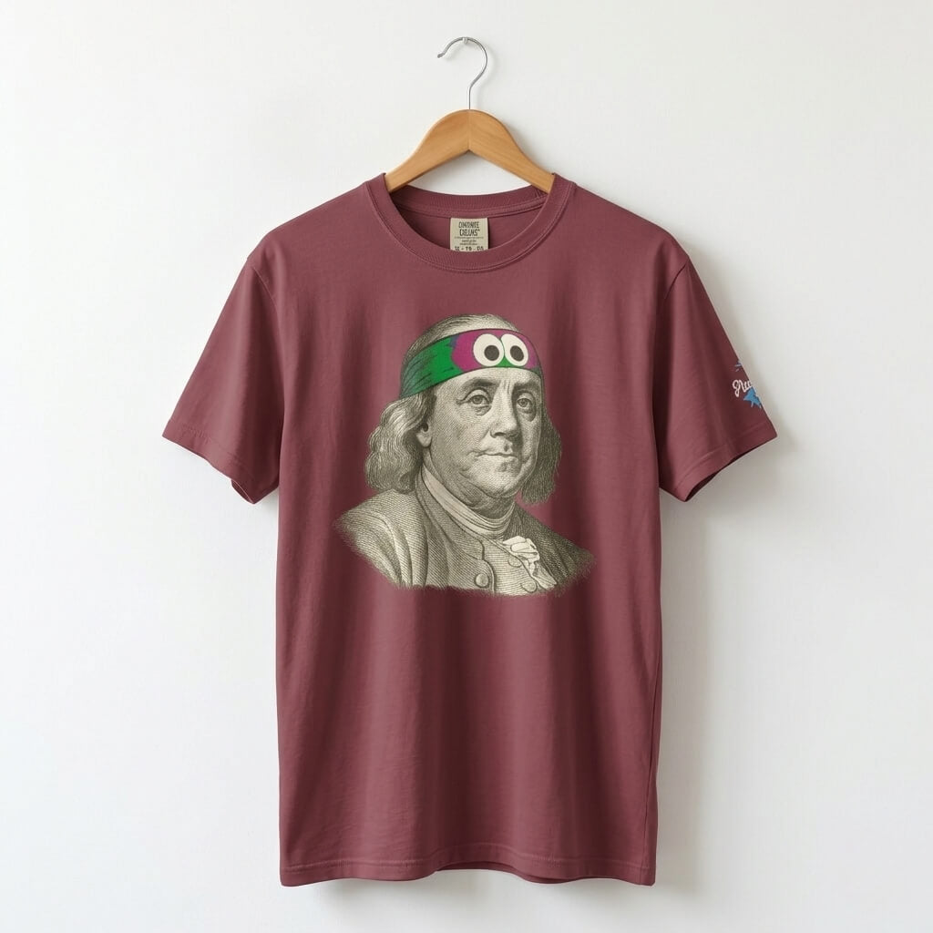 Philadelphia Phillies Ben Franklin wearing a Phillie Phanatic headband on funny maroon t-shirt by Phillygoat