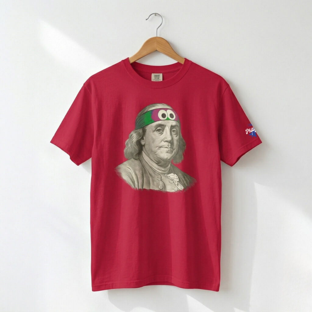Philadelphia Phillies Ben Franklin wearing a Phillie Phanatic headband on funny red t-shirt by Phillygoat