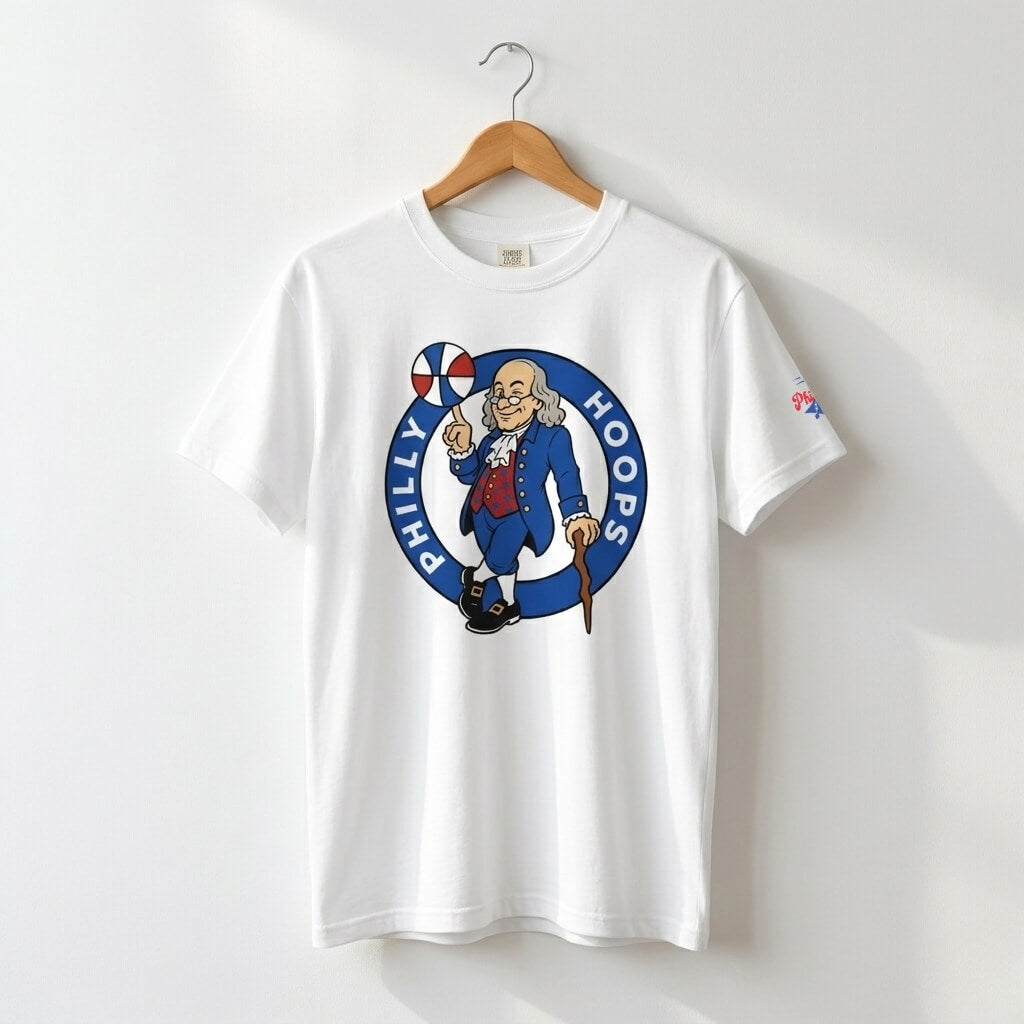 Philadelphia 76ers Ben Franklin white comfort colors t-shirt by Phillygoat
