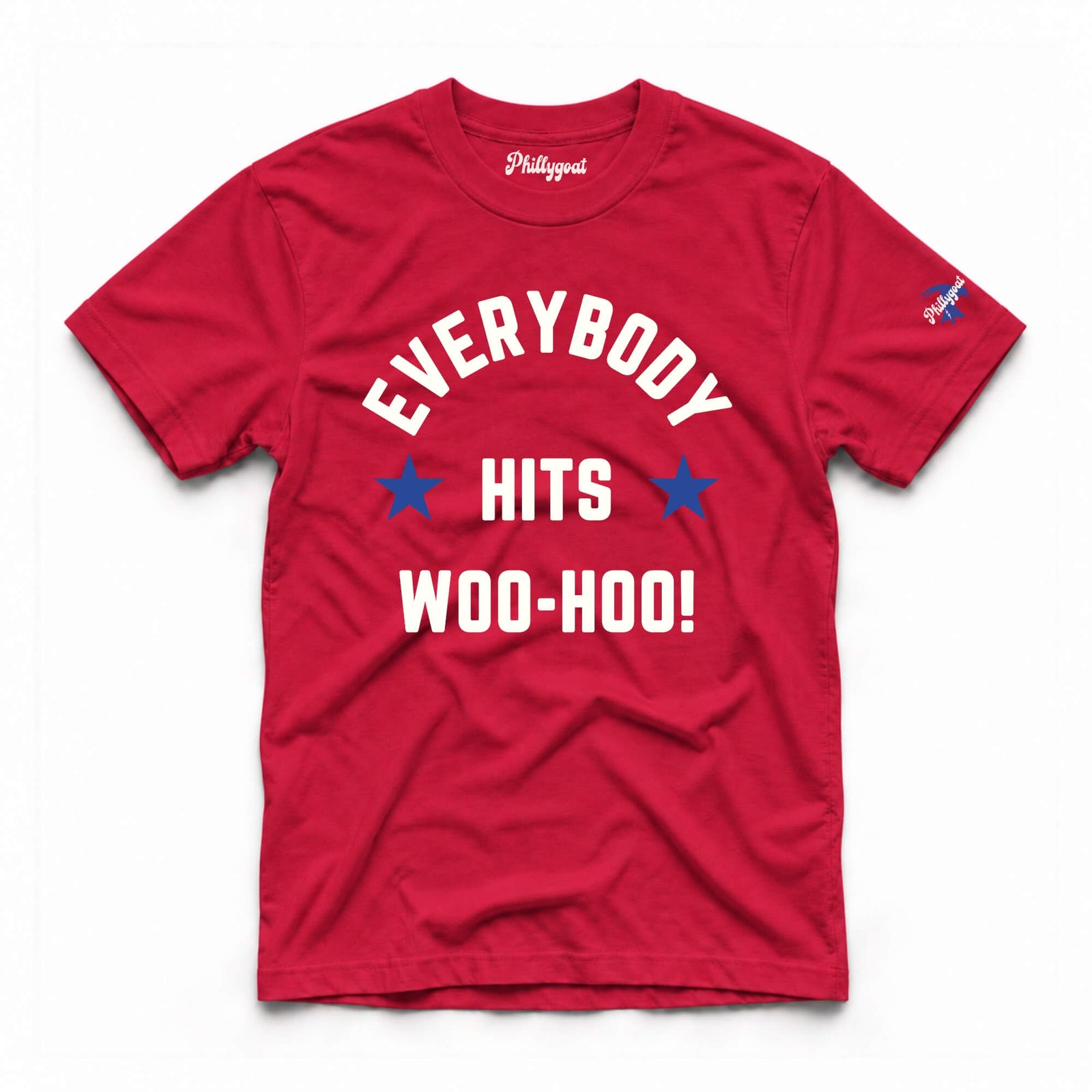 A red short-sleeve t-shirt with 'EVERYBODY HITS WOO-HOO!' printed in white and blue on the front, featuring a 'Philippist' brand logo inside the collar and a small logo on the right sleeve.
