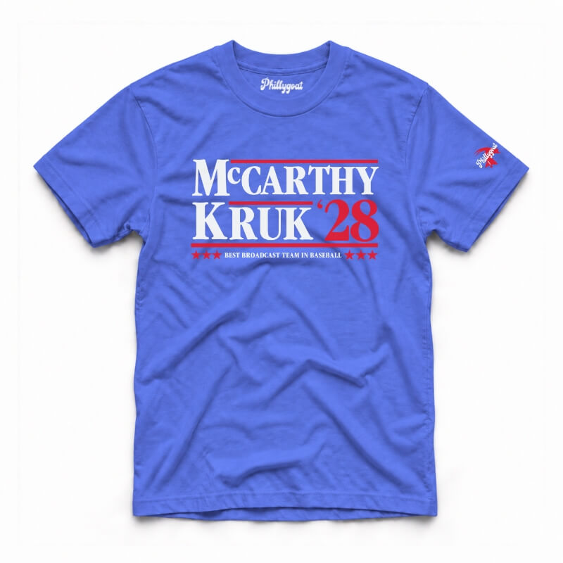 A royal blue short-sleeve t-shirt with a political graphic reading 'McCarthy Kruk 28' in white and red, with 'PHILIPPOT' printed inside the collar, shown flat on a white background.