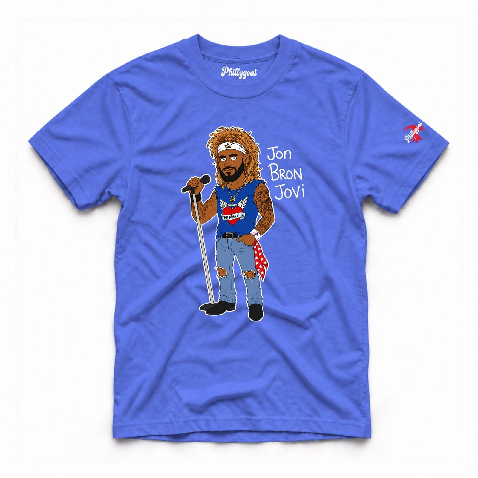 A royal blue short-sleeve t-shirt with a cartoon graphic of LeBron James as Jon Bon Jovi holding a microphone, featuring the text 'Jon Bron Jovi' on the front and a small Phillygoat logo on the sleeve.