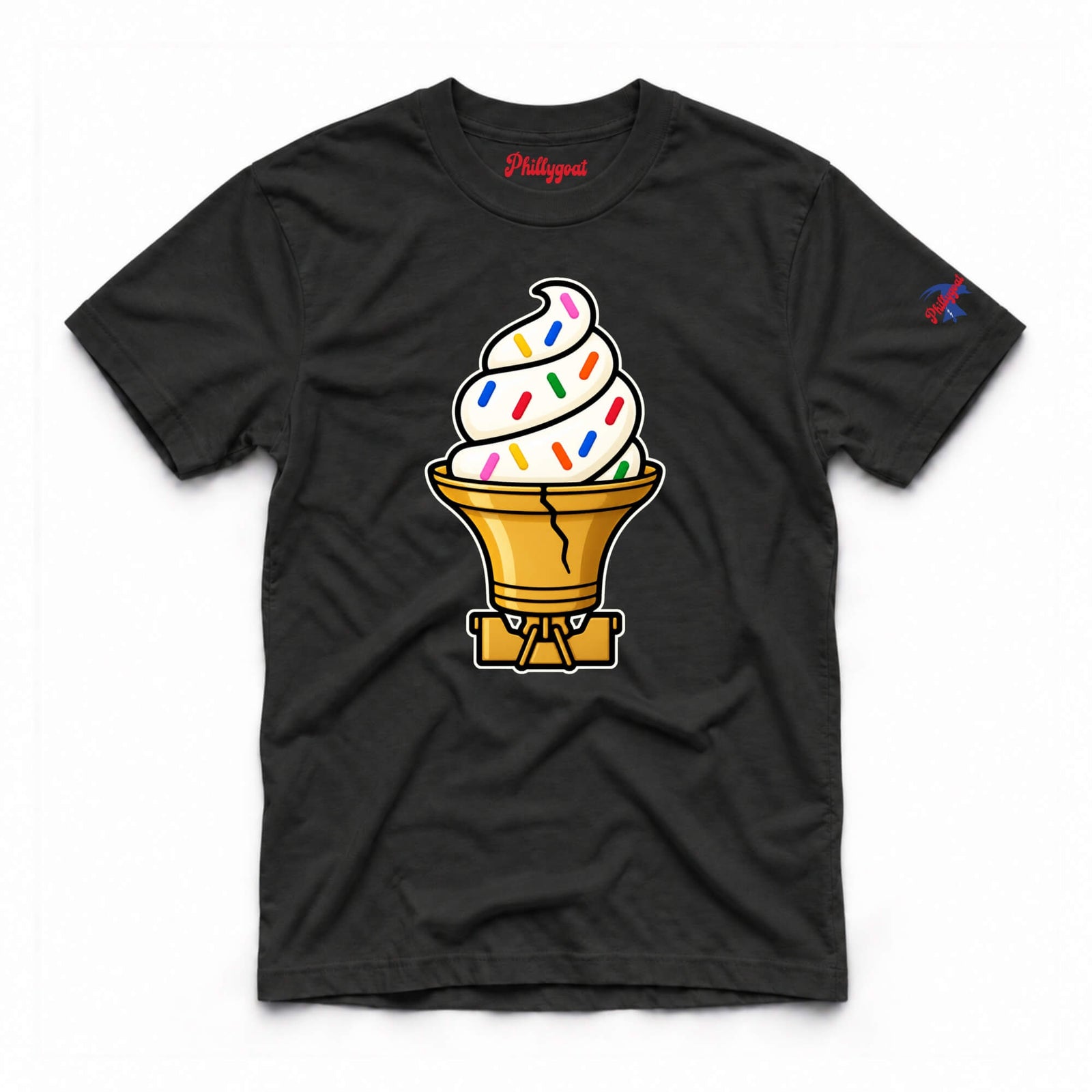 A black short-sleeve t-shirt with a graphic of a soft-serve ice cream cone in a golden cone, decorated with colorful sprinkles, displayed on a clean white background.