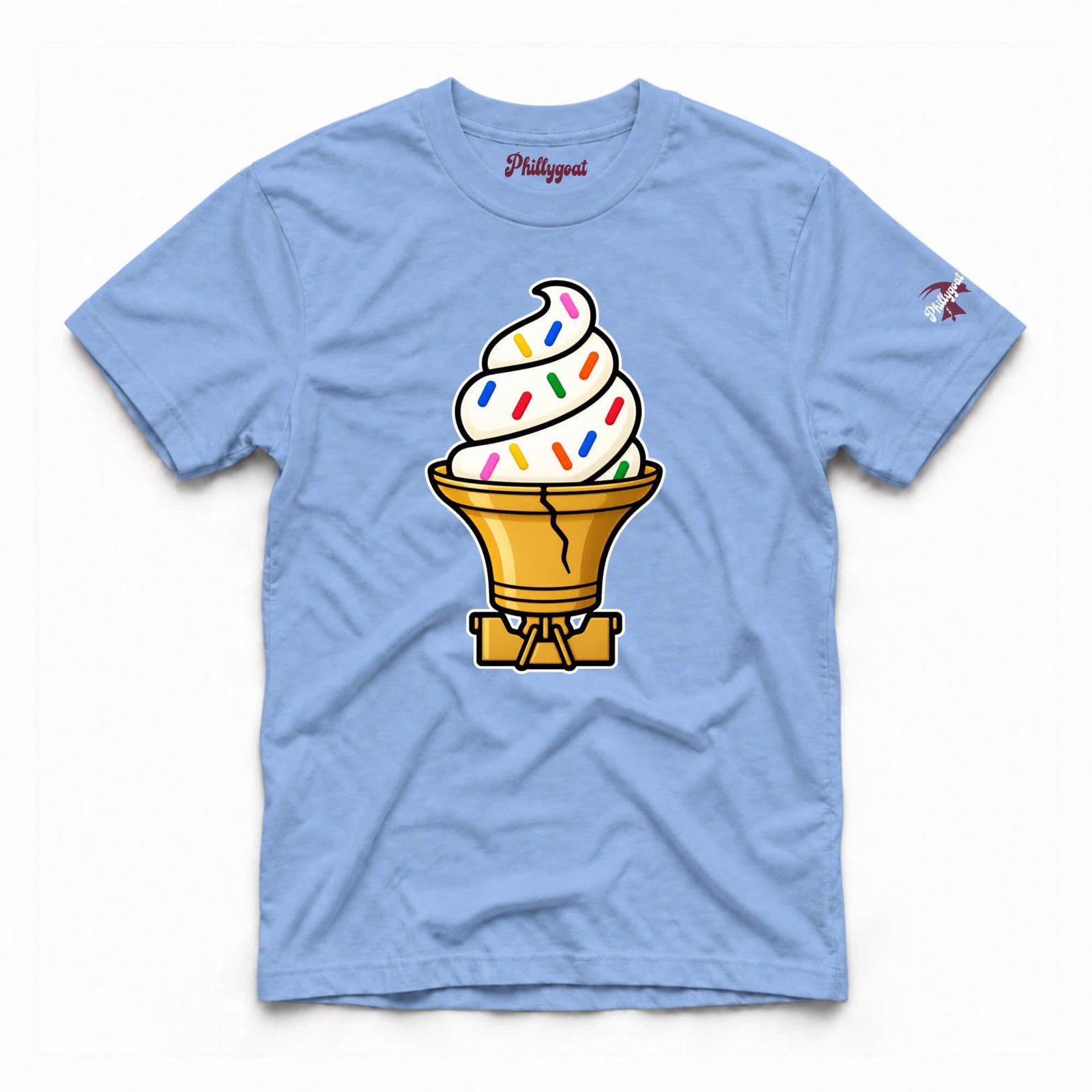 A light blue crewneck t-shirt featuring a graphic of a soft-serve ice cream cone with colorful sprinkles and a gold waffle cone. The brand name 'Philippini' is printed inside the collar, and a small logo is on the right sleeve.