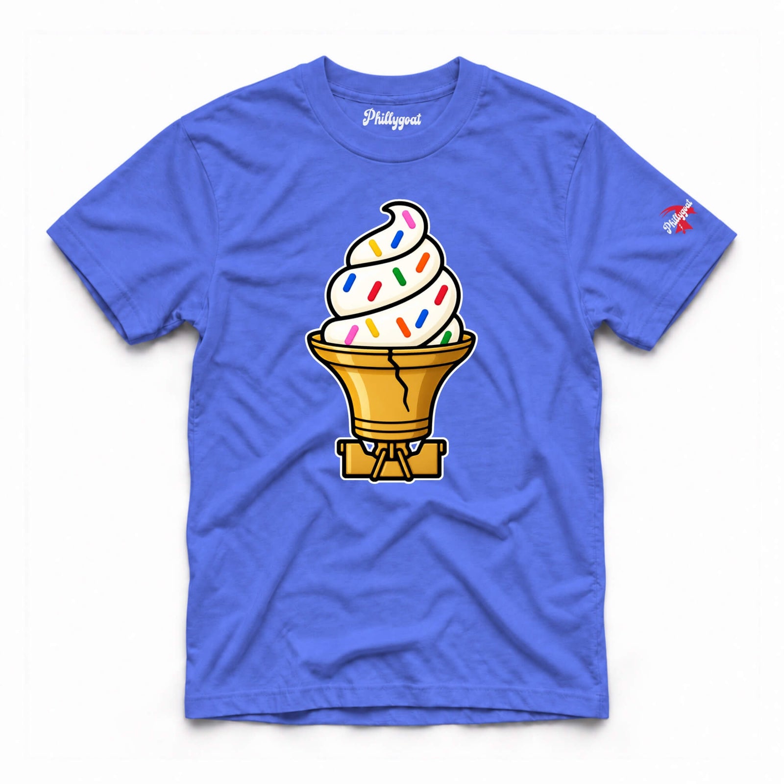 A royal blue short-sleeve t-shirt with a graphic of a soft-serve ice cream cone in a golden cone, featuring multicolor sprinkles. The brand name 'Philippist' is printed in white script inside the collar, and a small red logo is on the left sleeve.