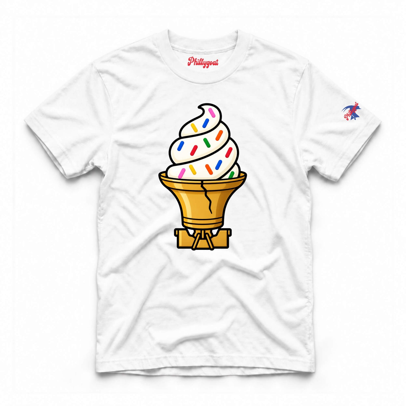 A white short-sleeve crewneck t-shirt featuring a cartoon graphic of a soft-ice cream swirl in a golden cone with colorful sprinkles. The brand name 'Phillyoni' is printed in red script on the inside neck label and on the left sleeve.