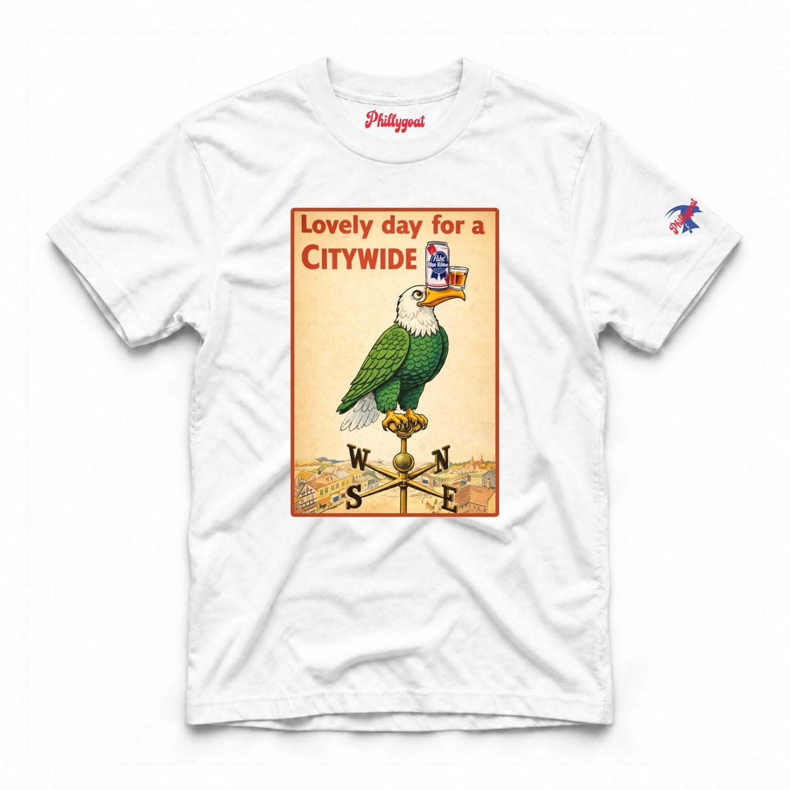 A white short-sleeve crewneck t-shirt featuring a vintage-style graphic print of a green and white bird perched on a weather vane with the text 'Lovely day for a CITYWIDE' above it. The brand name 'Philippinet' is printed in red on the inside neck label, and a small version of the graphic is printed on the left sleeve.