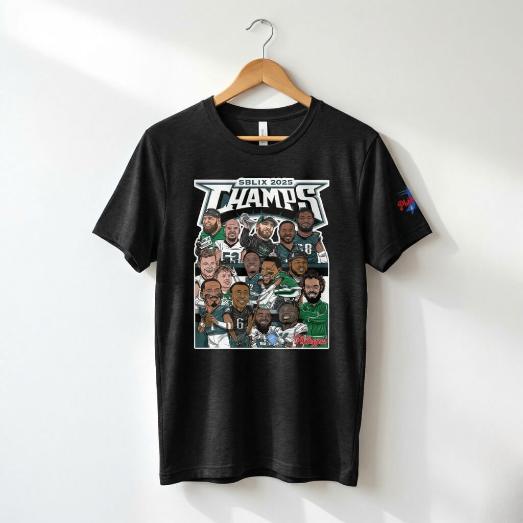 Philadelphia Eagles Super Bowl LIX Champs black caricature t-shirt by Phillygoat