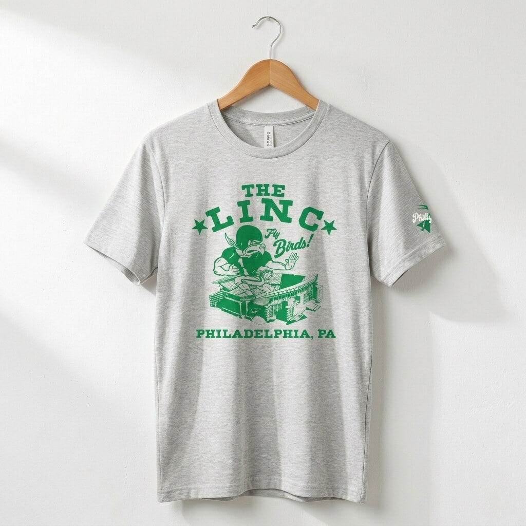 Philadelphia Eagles athletic heather grey The Linc t-shirt with a retro Go Birds mascot by Phillygoat