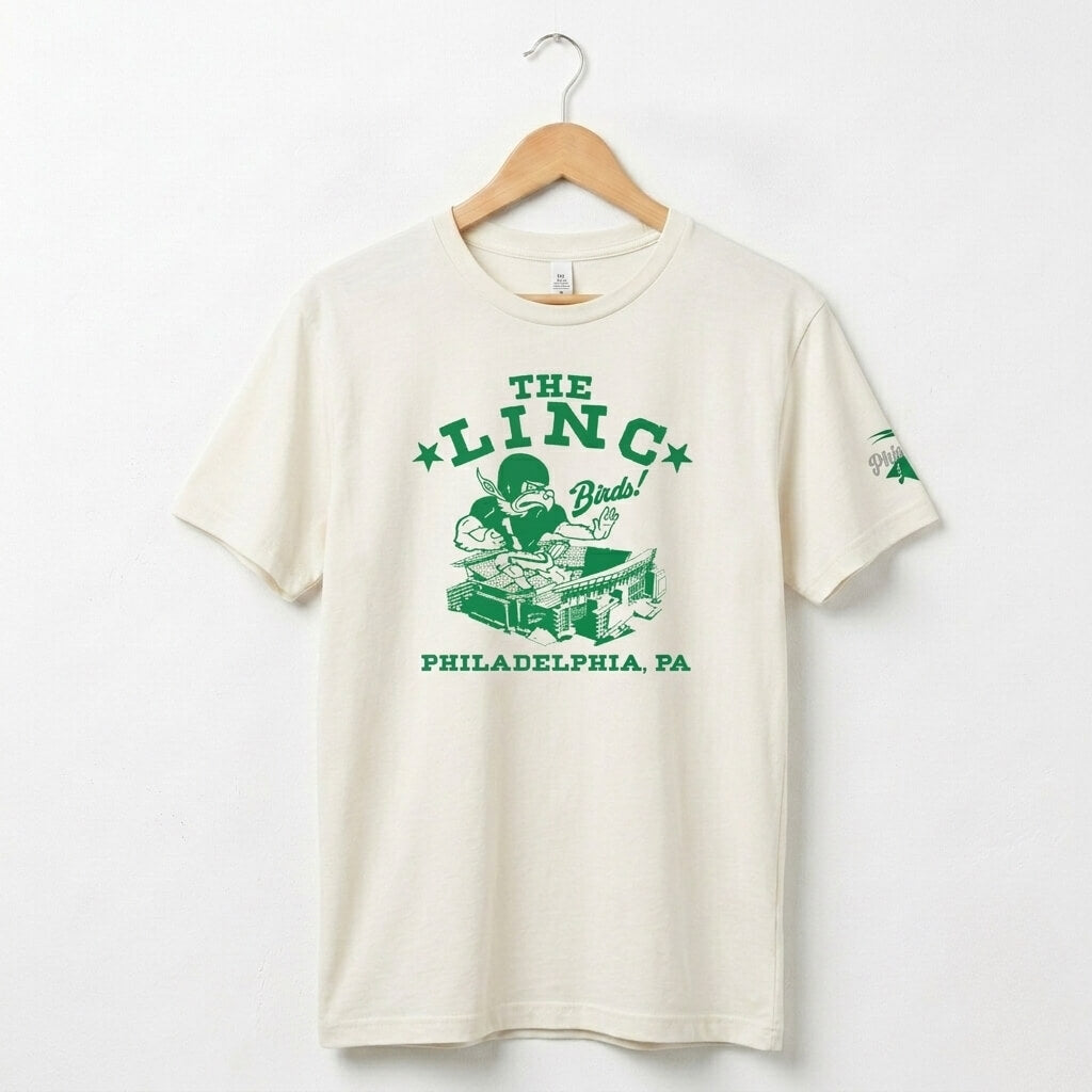 Philadelphia Eagles heather dust The Linc t-shirt with a retro Go Birds mascot by Phillygoat