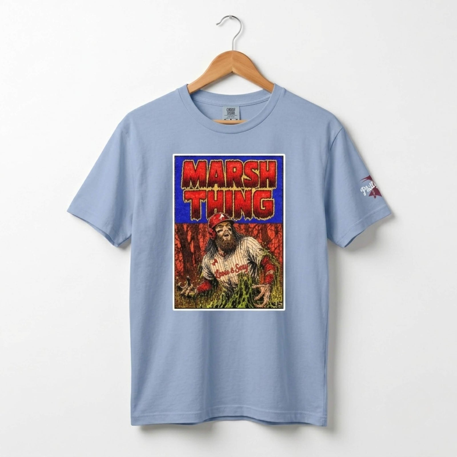 Philadelphia Phillies Barndon Marsh Swamp Thing washed denim comfort colors t-shirt by Phillygoat
