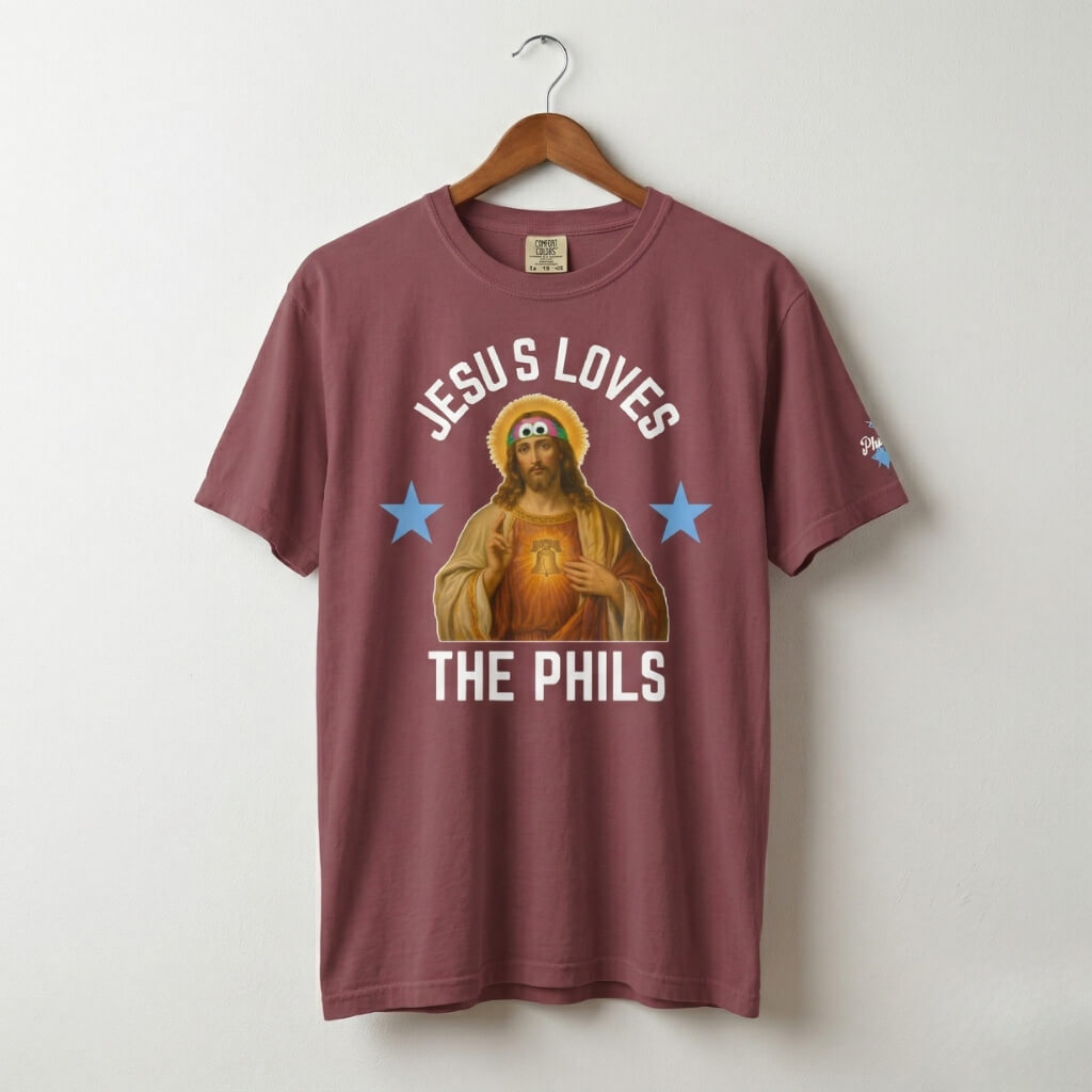 Philadelphia Phillies funny Jesus Loves the Phils maroon shirt by Phillygoat