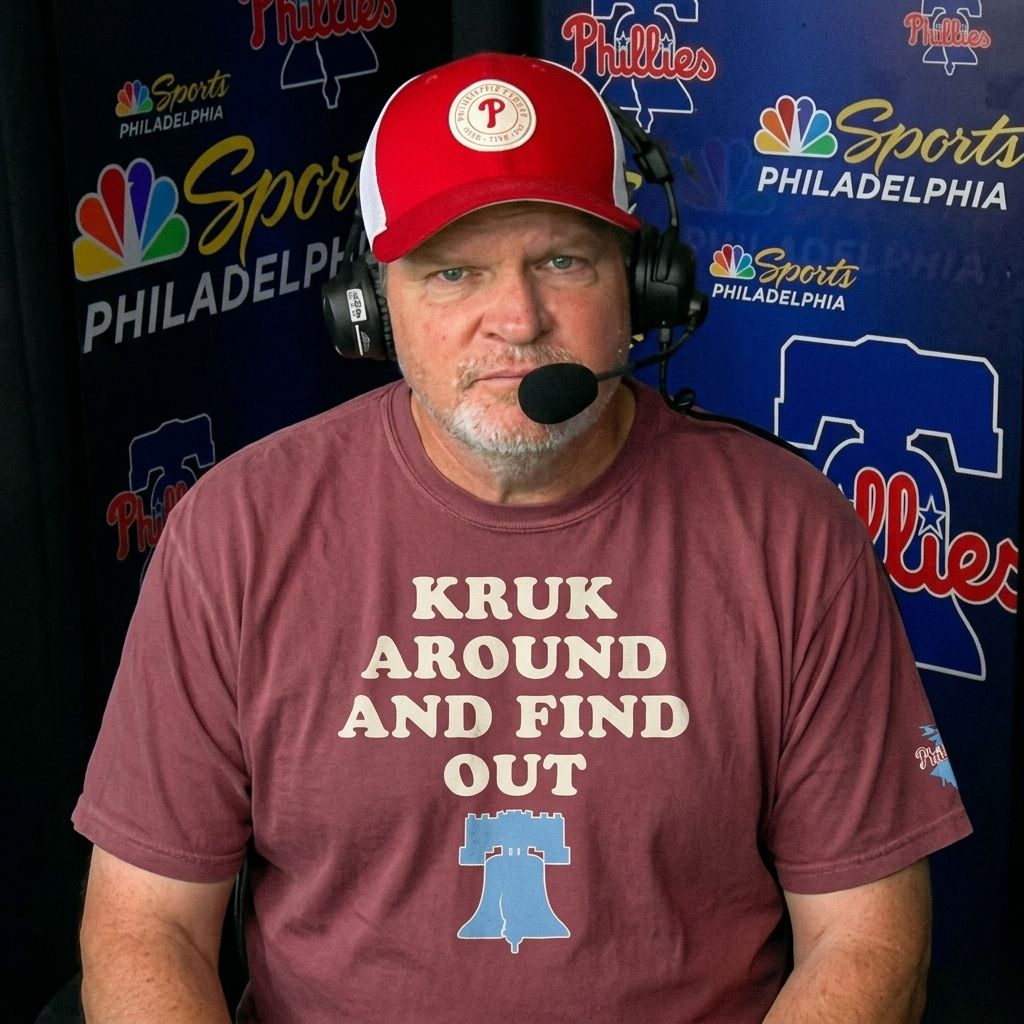 Philadelphia Phillies Legend John Kruk wearing a funny Kruk Around and Find Out maroon shirt by Phillygoat