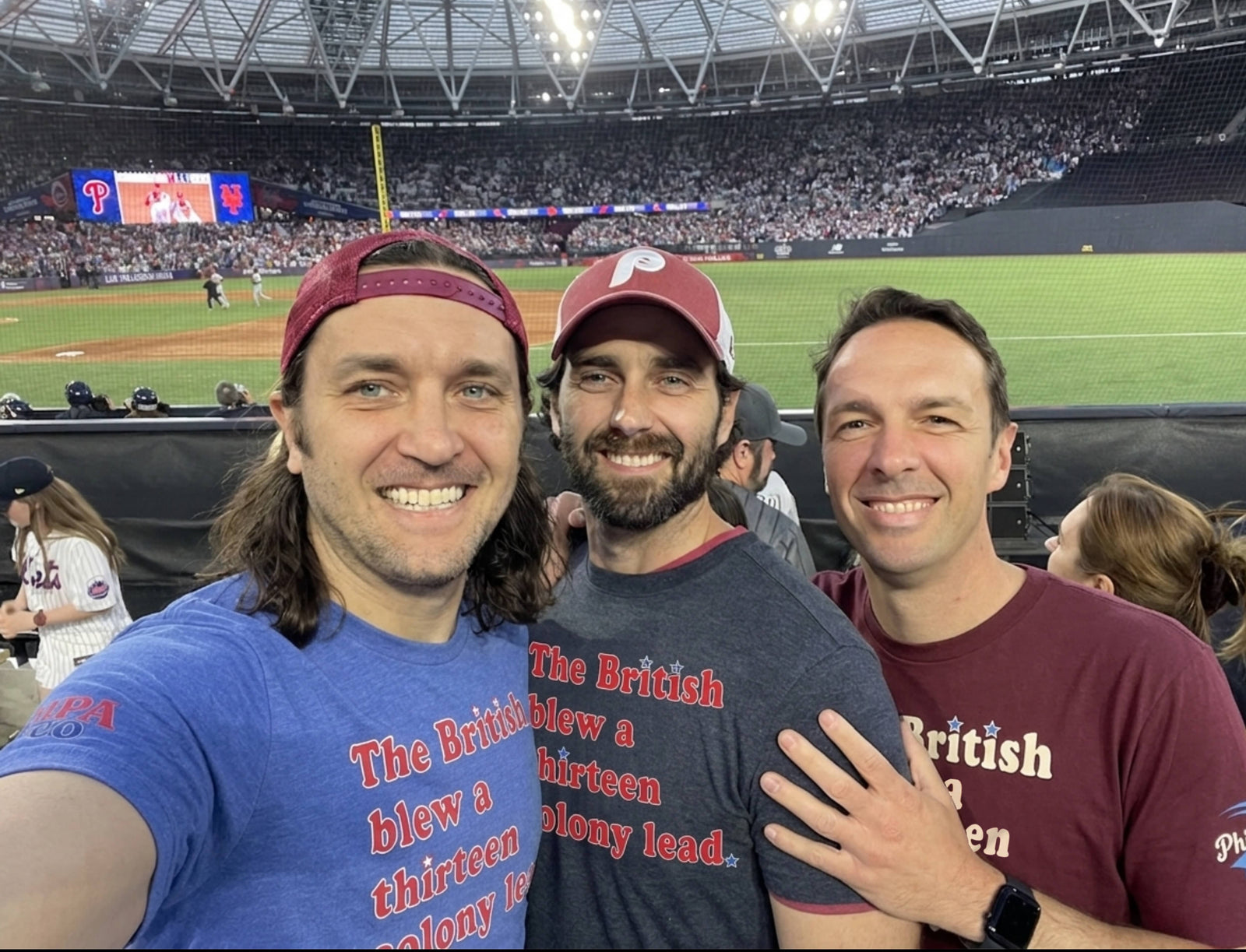 Phillygoat founders Pat Ryan and Btreet Cassidy wearing the British Blew a Thirteen Colony Lead shirt in the UK