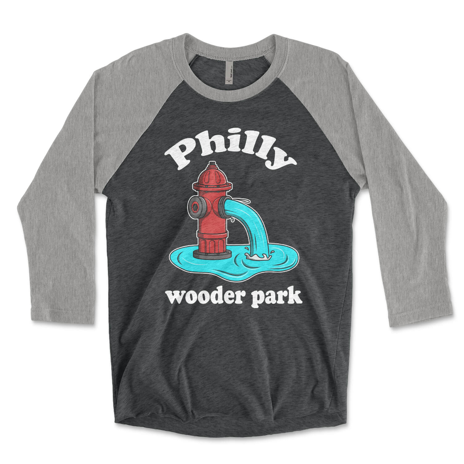 Philadelphia fire hydrant philly wooder park on a grey and black raglan tee shirt from Phillygoat