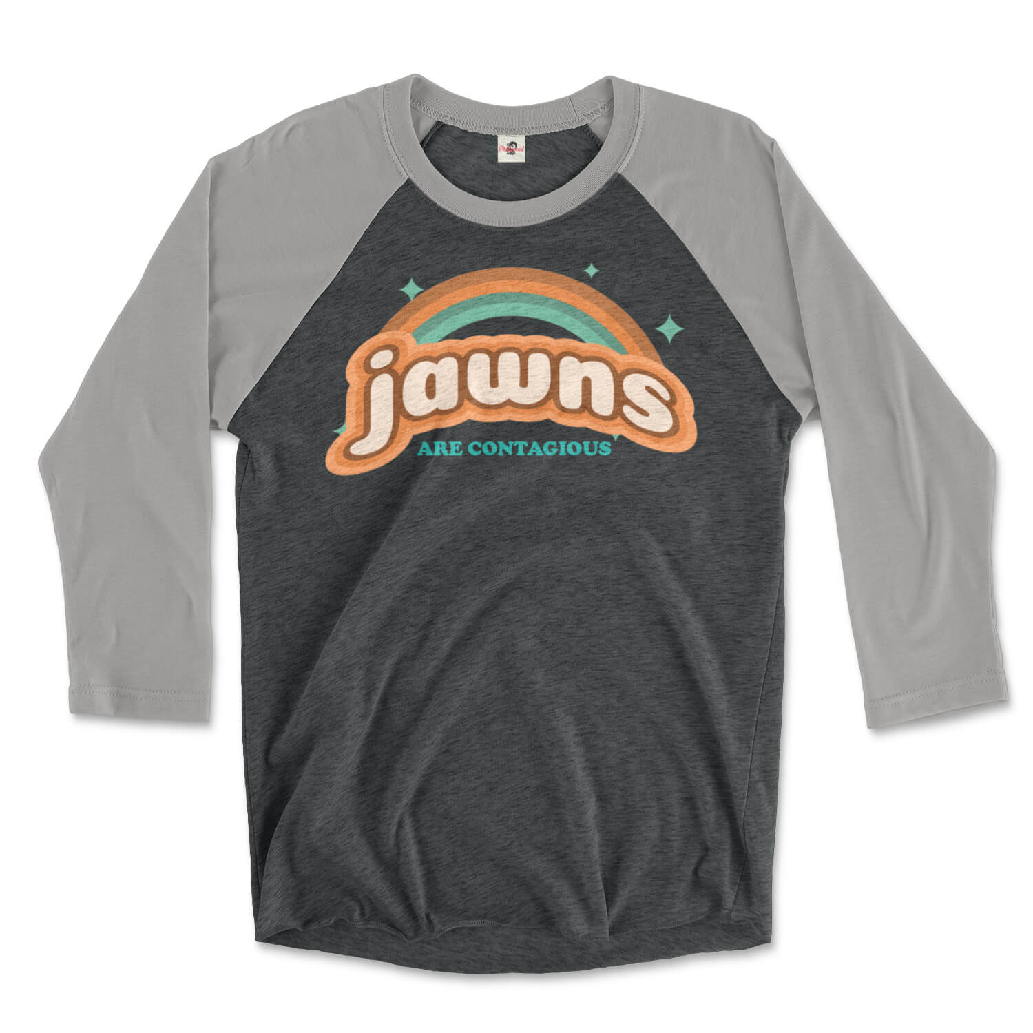 Philadelphia jawns are contagious rainbow design on a heather grey and vintage black triblend raglan tee from Phillygoat