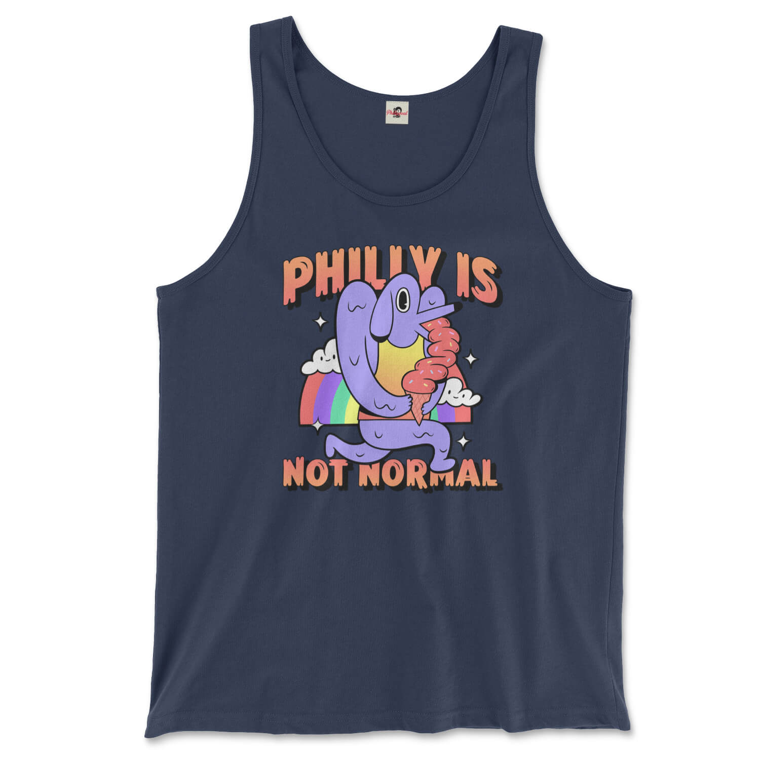 Philadelphia philly is not normal weird dog ice cream rainbow design on a navy blue tank top from Phillygoat