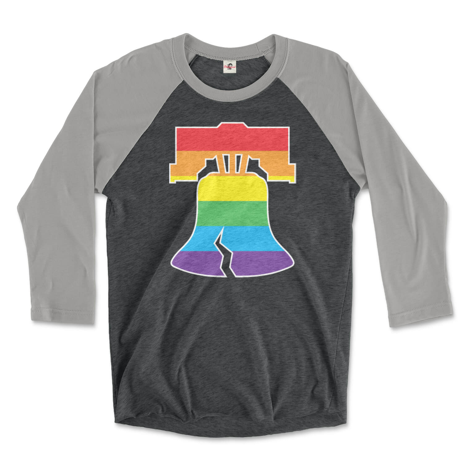 Philadelphia Philly Pride rainbow Liberty Bell LGBTQ premium heather grey and vintage black raglan tee from Phillygoat