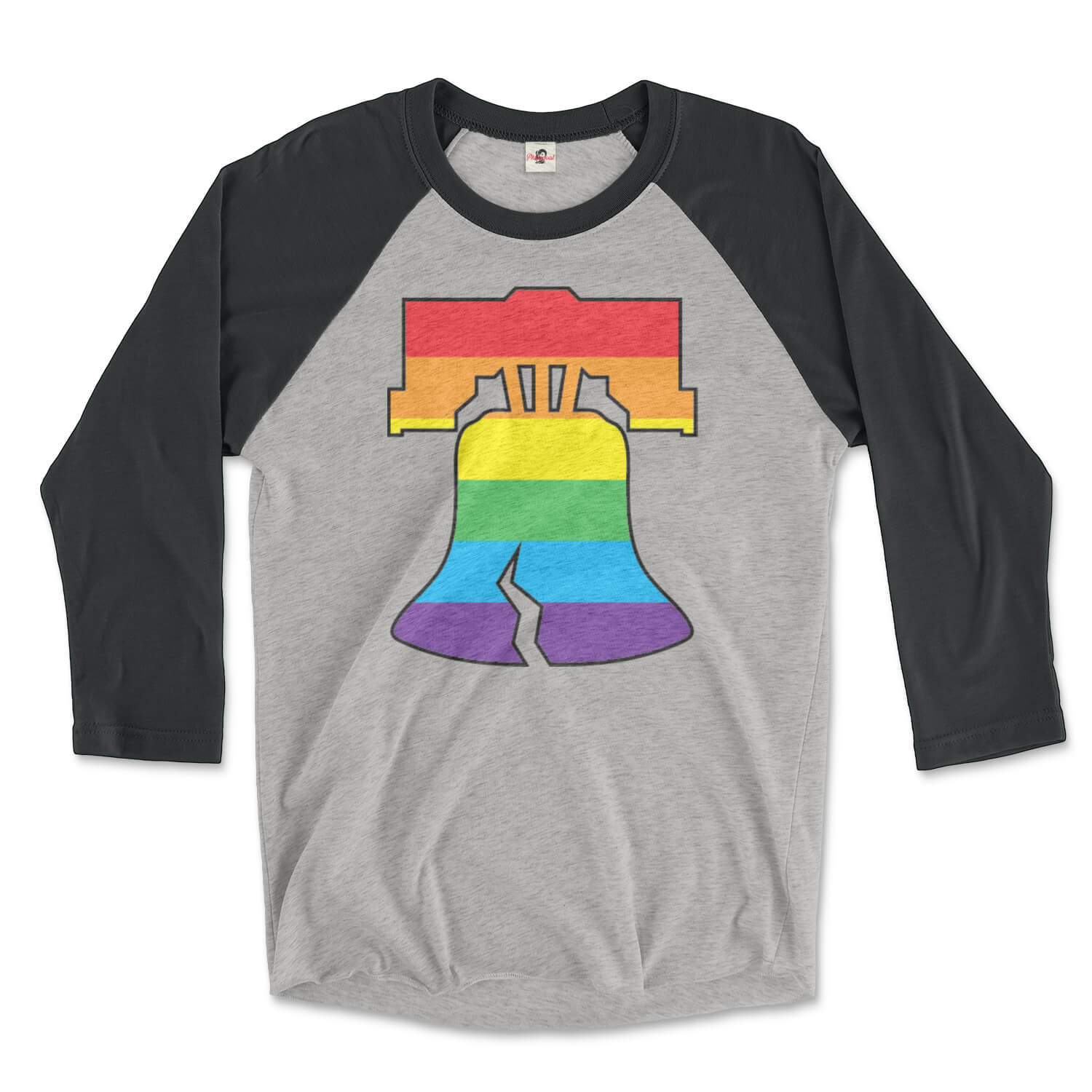 Philadelphia Philly Pride rainbow Liberty Bell LGBTQ vintage black and premium heather grey raglan tee from Phillygoat