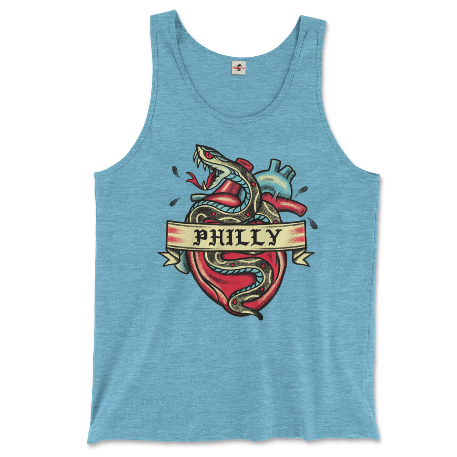 Philadelphia philly snake heart tattoo on an aqua triblend tank top from Phillygoat