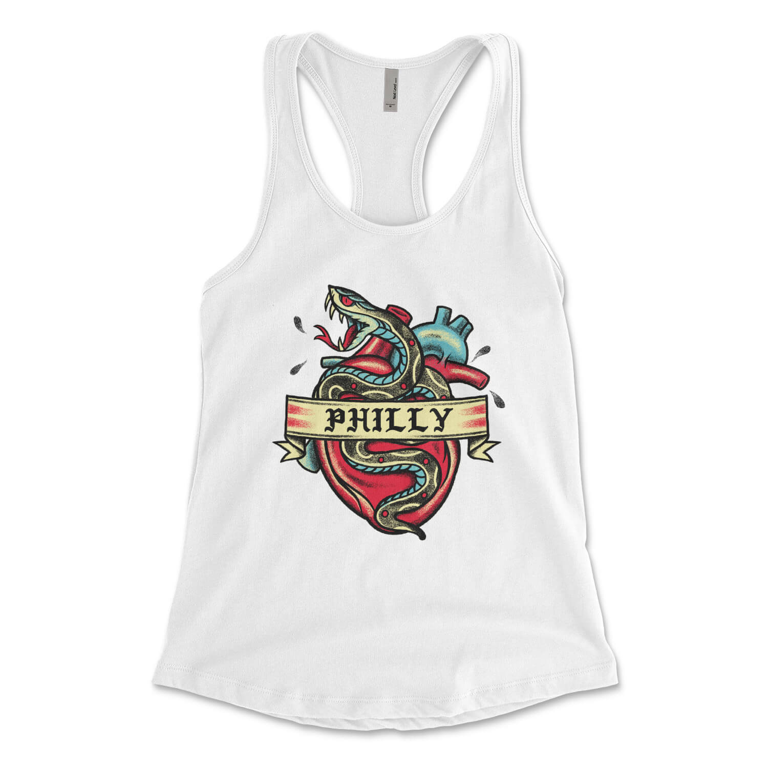 Philadelphia Philly snake tattoo on a white womens racerback tank top from Phillygoat