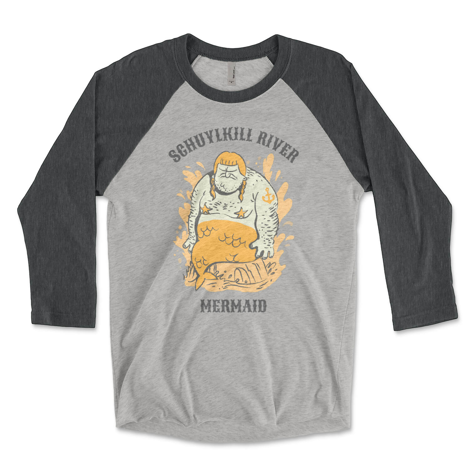 Schuylkill River Mermaid funny Philadelphia heather grey and vintage black raglan tee shirt from Phillygoat
