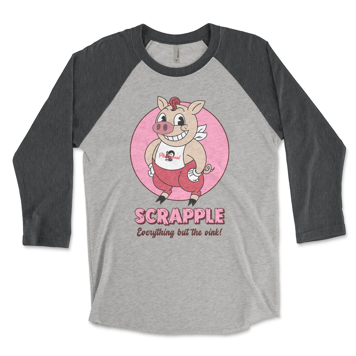 Philadelphia scrapple cartoon pig on a heather grey and vintage black triblend raglan t-shirt from Phillygoat