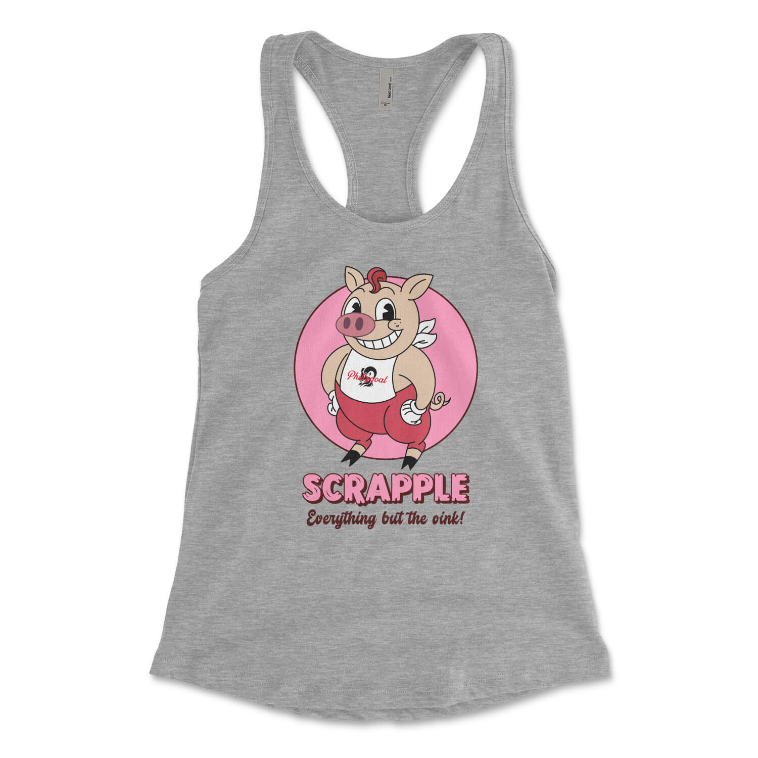 Philadelphia scrapple cartoon pig on a heather grey womens racerback tank top from Phillygoat