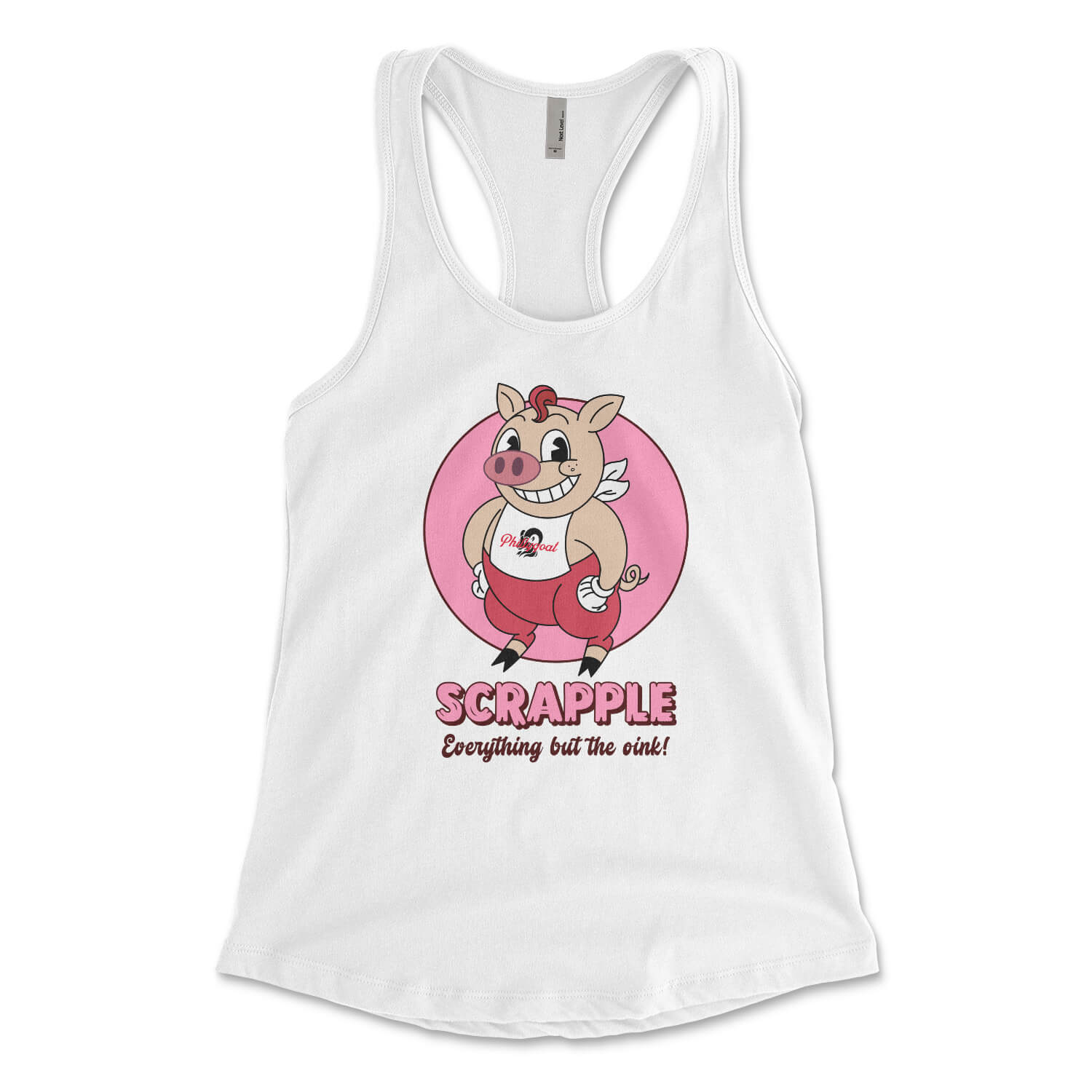 Philadelphia scrapple cartoon pig on a white womens racerback tank top from Phillygoat