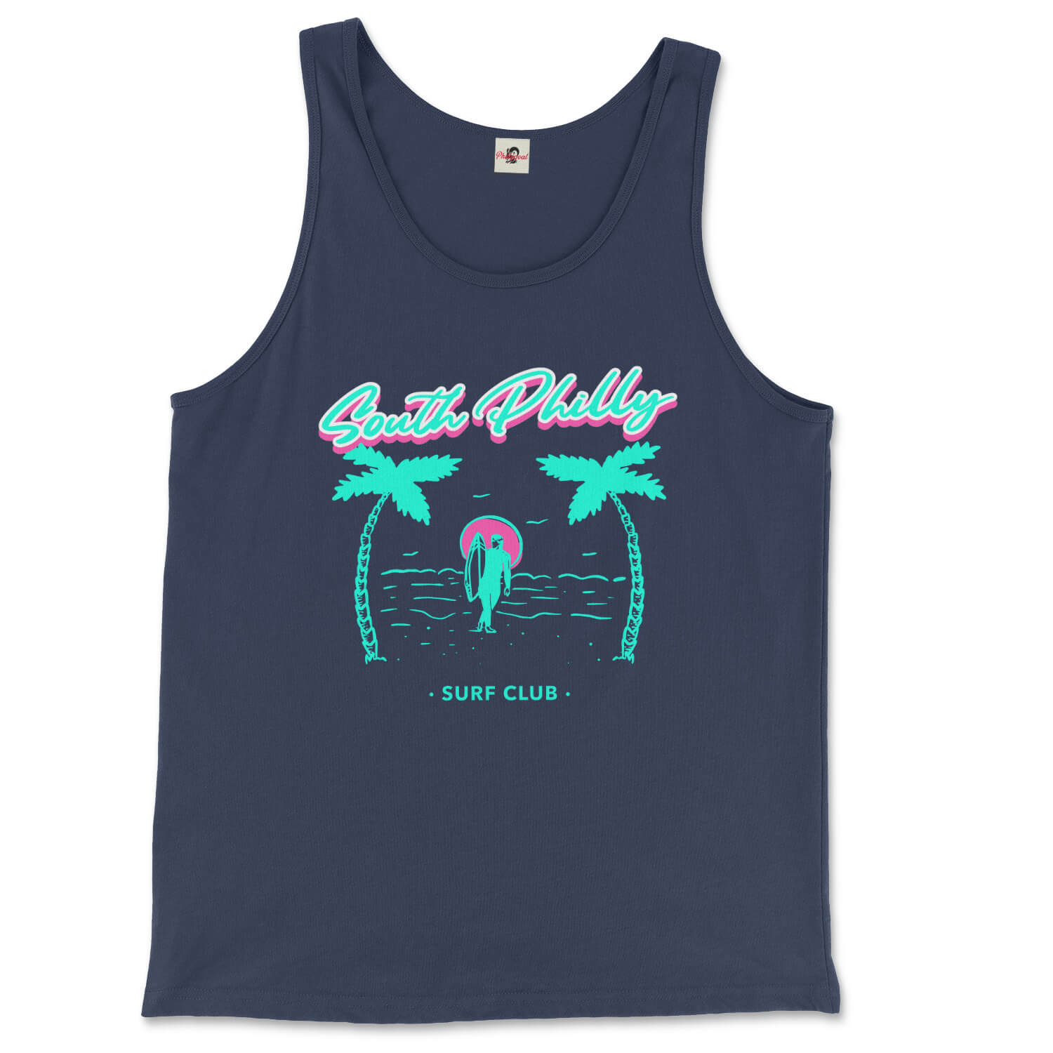 south philadelphia surf philly navy blue phillygoat tank top with design of two palm trees and surfer on beach