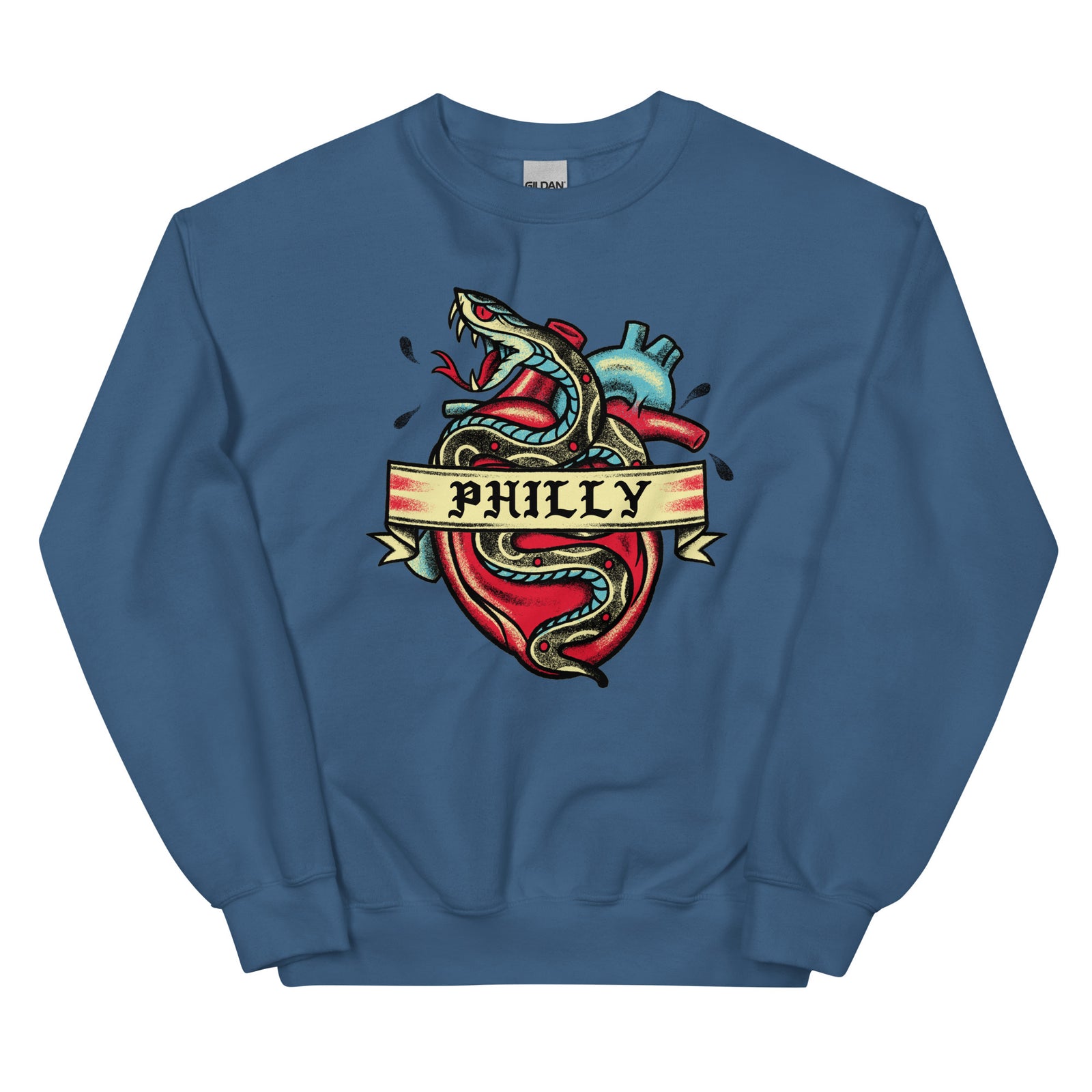 Philly Snake tattoo indigo blue sweatshirt Phillygoat
