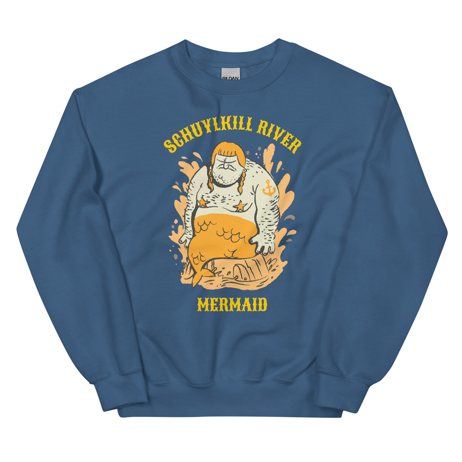 Funny Philadelphia Schuylkill River Mermaid indigo blue sweatshirt from Phillygoat