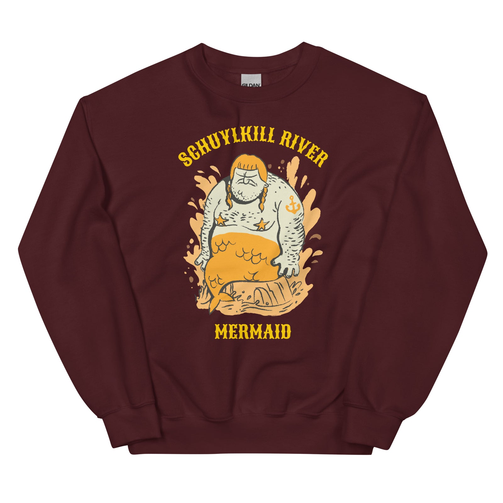 Funny Philadelphia Schuylkill River Mermaid maroon sweatshirt from Phillygoat