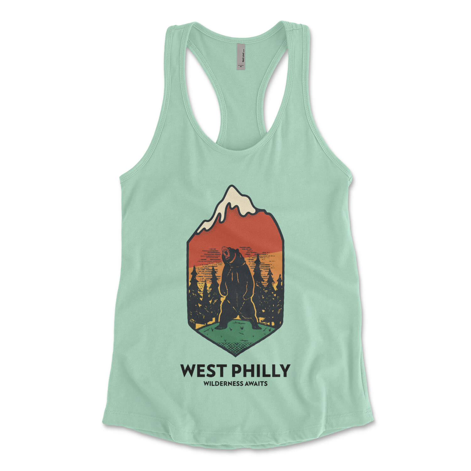 West Philadelphia wilderness awaits bear in the west philly wild on a womens mint green racerback tank top from Phillygoat