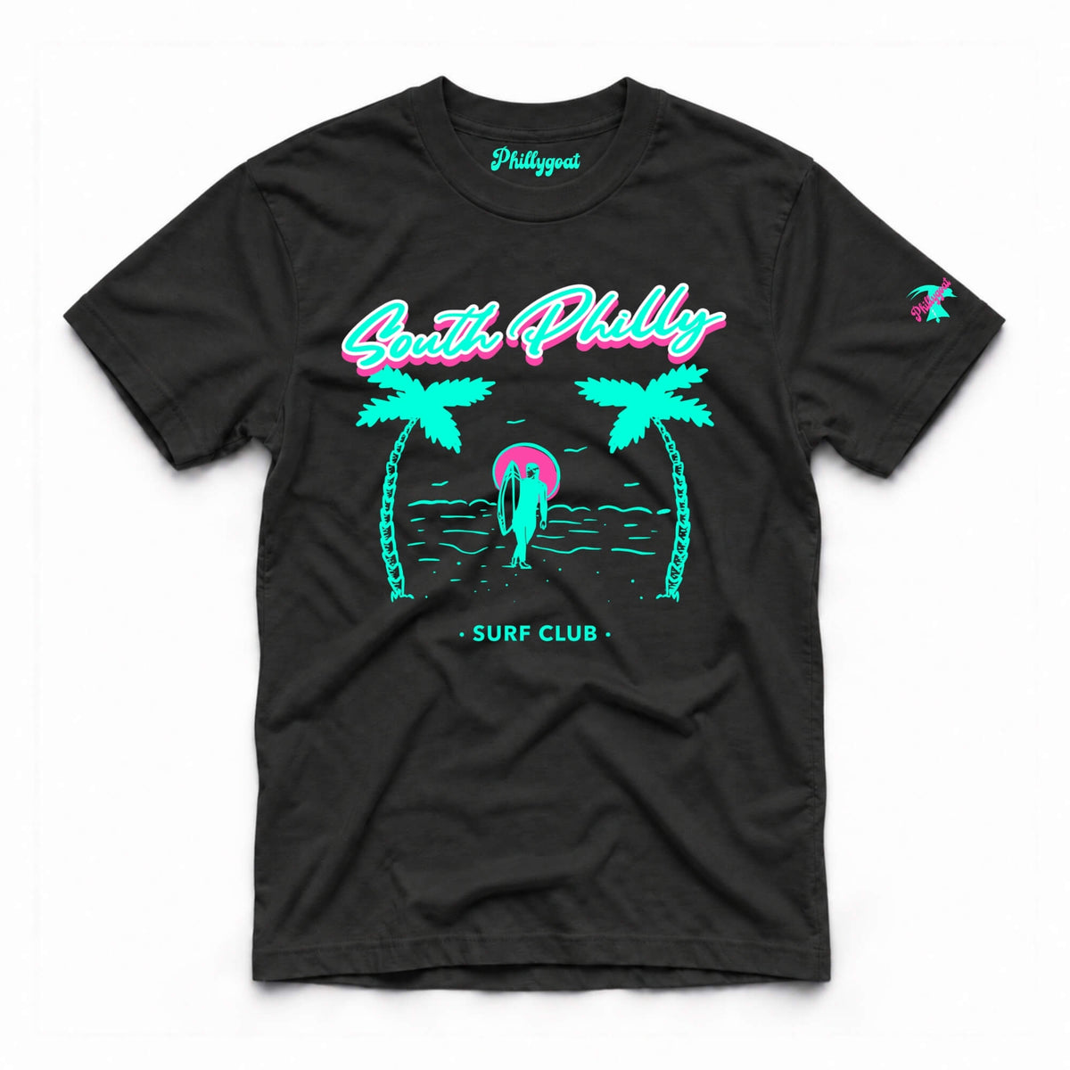 A black short-sleeve t-shirt with a vibrant graphic on the front featuring the text 'South Philly SURF CLUB' in pink and teal, flanking a turquoise palm tree and surfboard design. The brand name 'Phillypoot' is printed inside the collar, and a small logo is on the right sleeve.