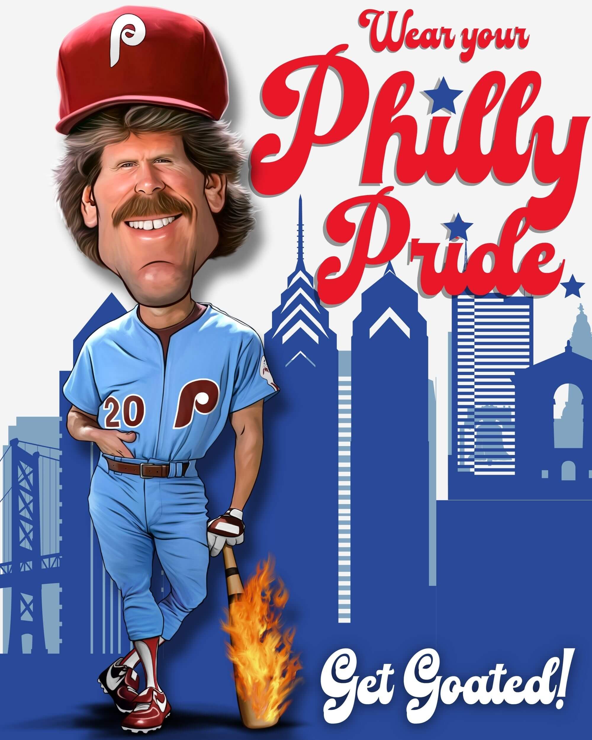 Phillygoat header image featuring a Mike Schmidt caricature in a Philadelphia Phillies uniform with the tagline "Wear Your Philly Pride" and Get Goated!