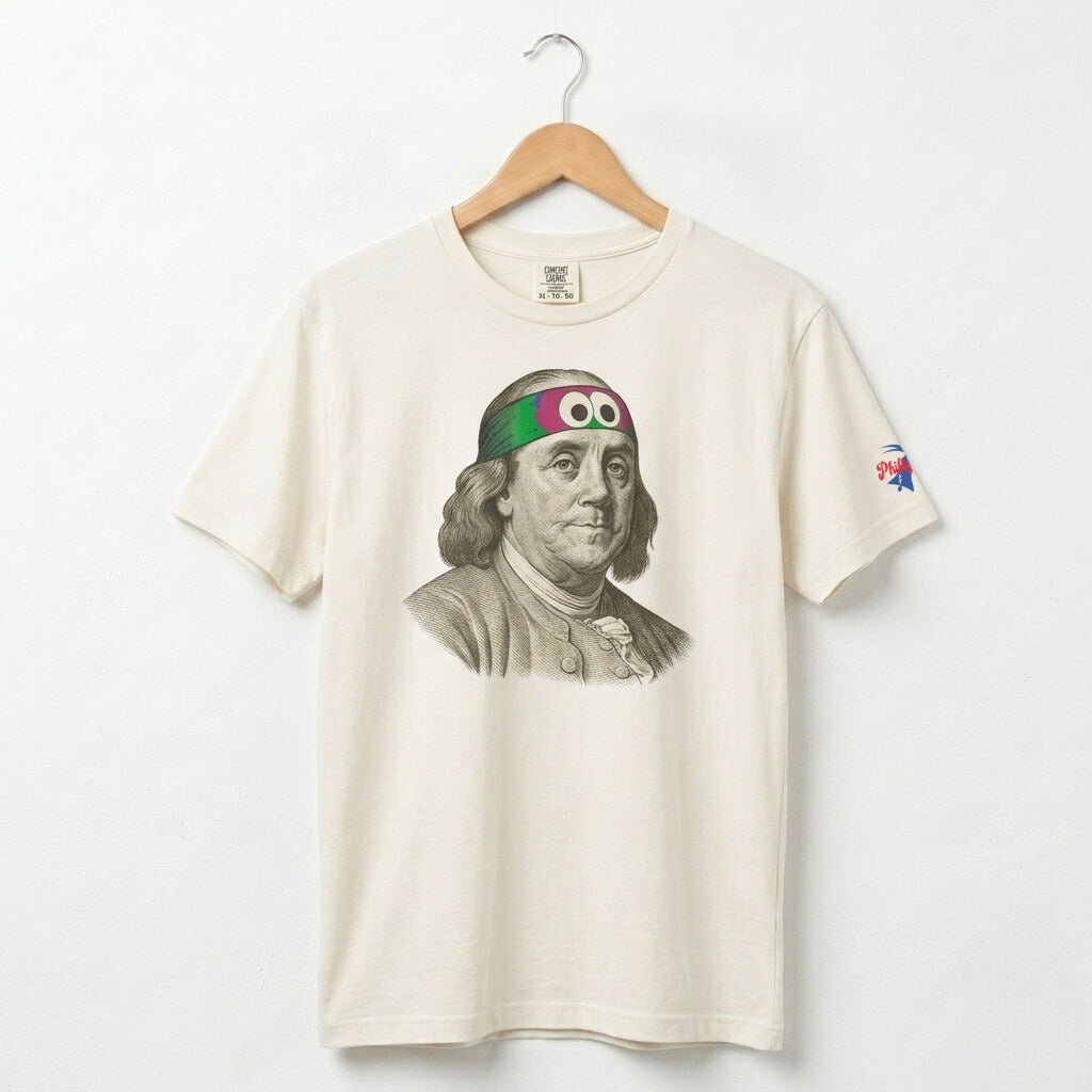 Philadelphia Phillies Ben Franklin wearing a Phillie Phanatic headband on funny ivory t-shirt by Phillygoat