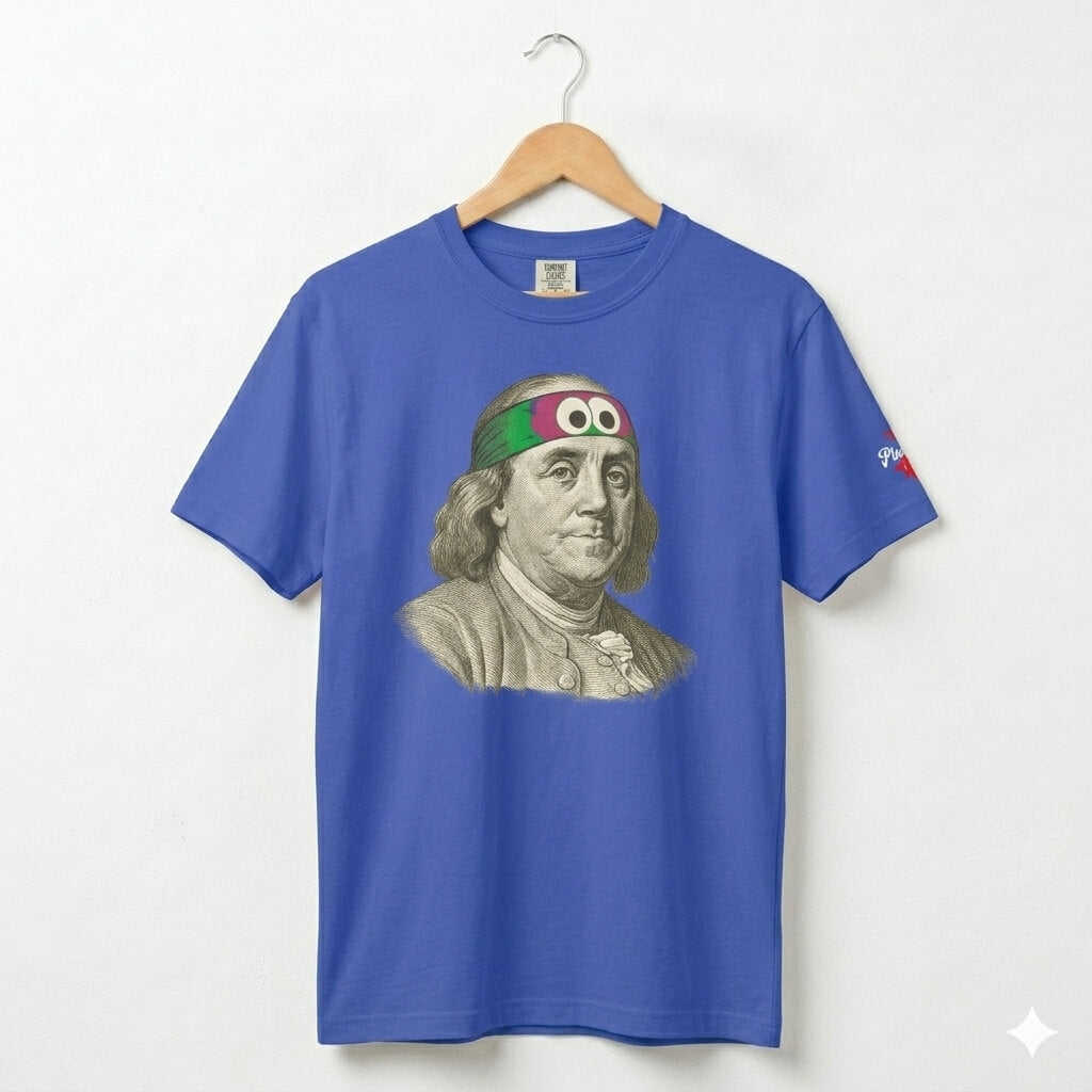 Philadelphia Phillies Ben Franklin wearing a Phillie Phanatic headband on funny royal blue t-shirt by Phillygoat