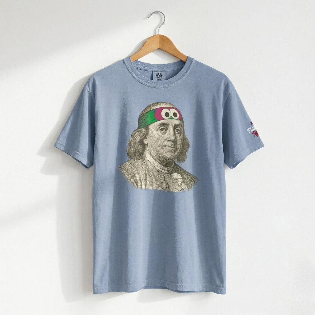 Philadelphia Phillies Ben Franklin wearing a Phillie Phanatic headband on funny washed denim t-shirt by Phillygoat