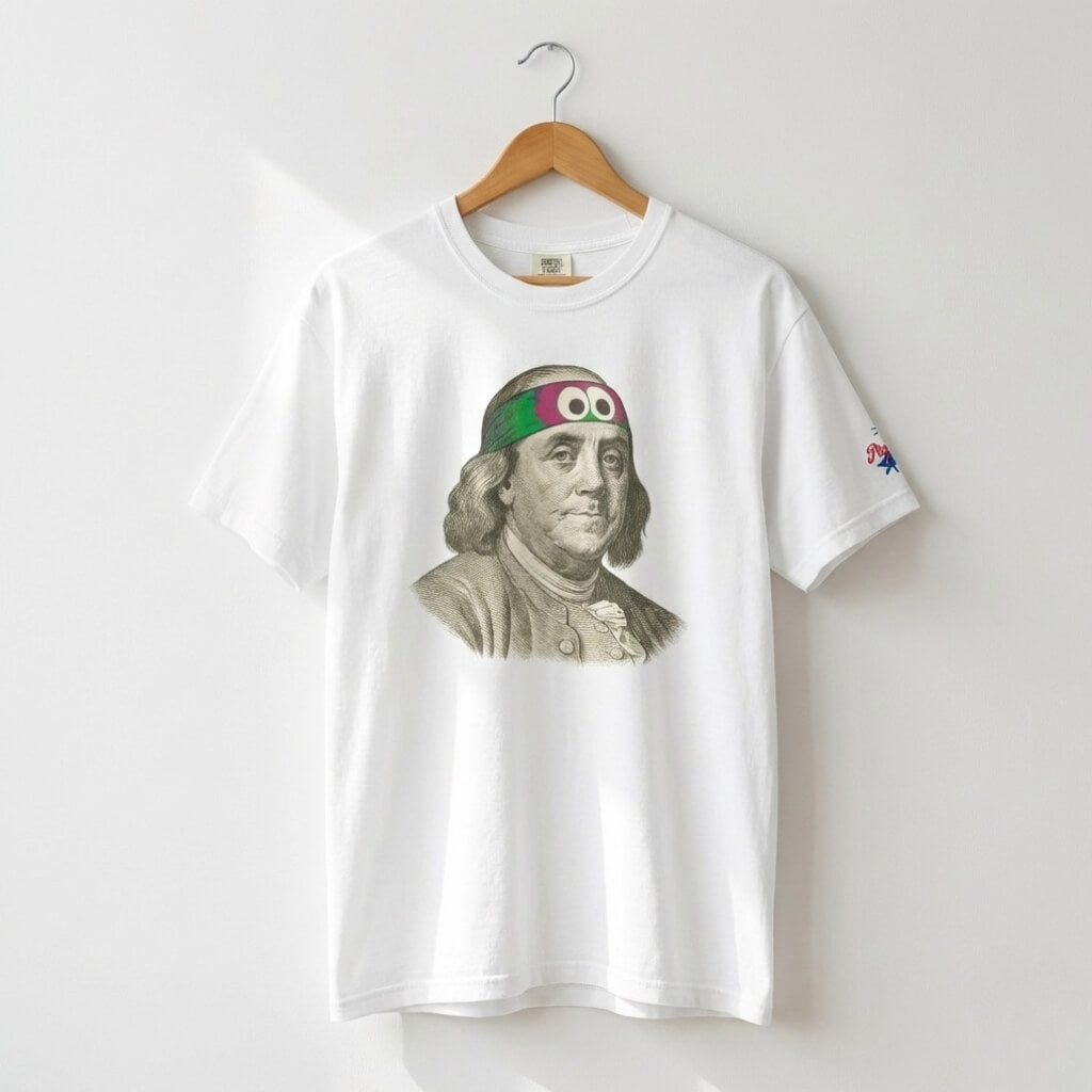 Philadelphia Phillies Ben Franklin wearing a Phillie Phanatic headband on funny white t-shirt by Phillygoat