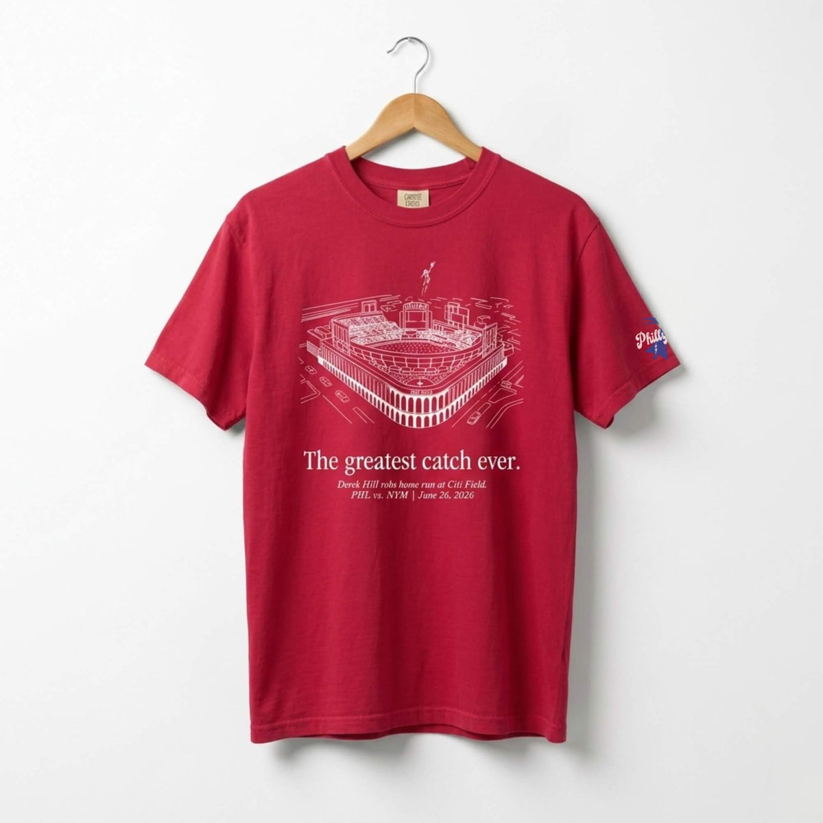 Philadelphia Phillies Derek Hill greatest catch ever red comfort colors t-shirt by Phillygoat