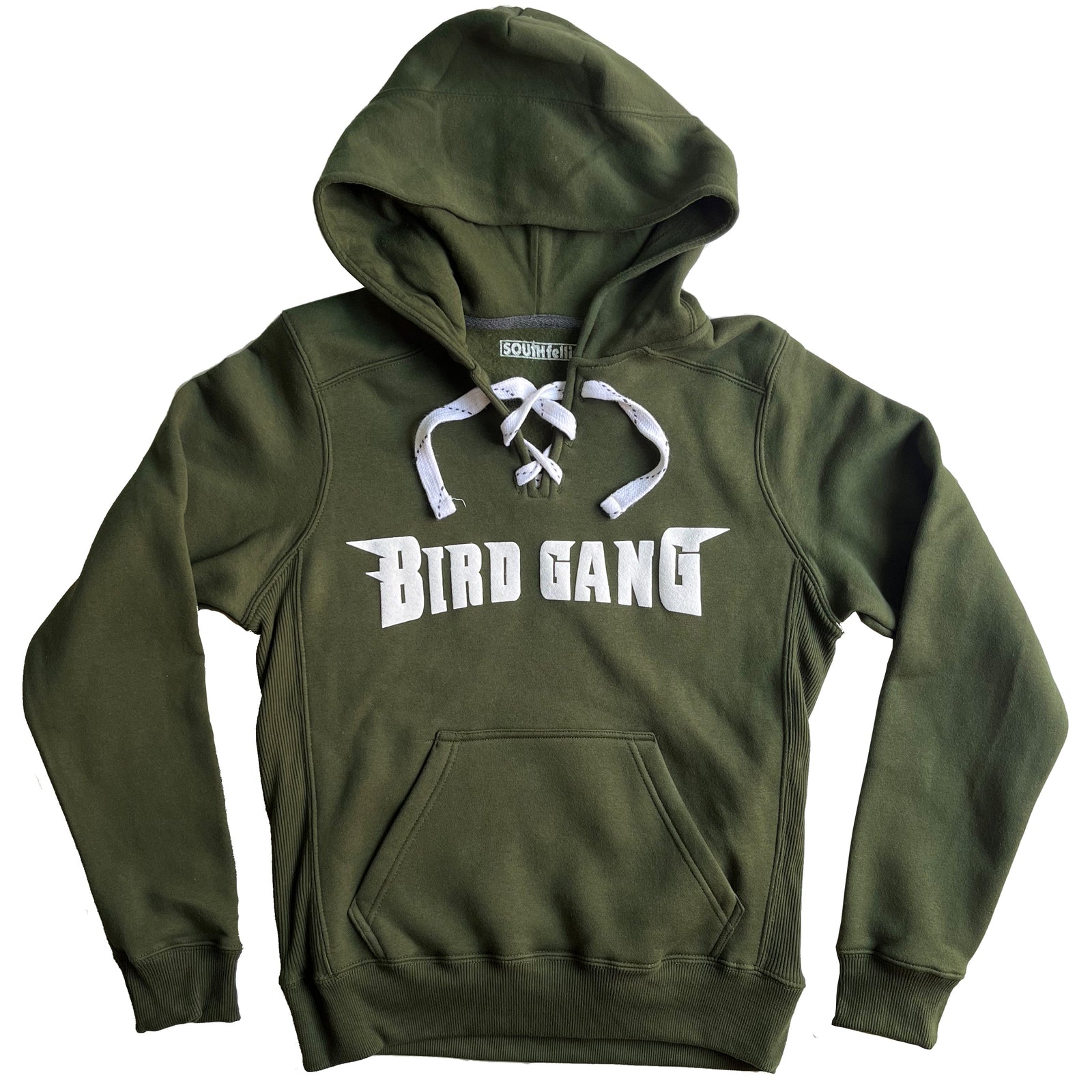 "Bird Gang Puffy Print Lace Up" Green Hoodie