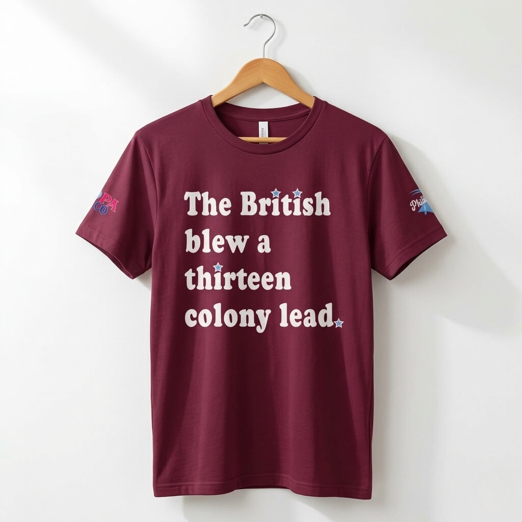 Philadelphia Delco 250 The British Blew a Thirteen Colony Lead heather maroon t-shirt by Phillygoat