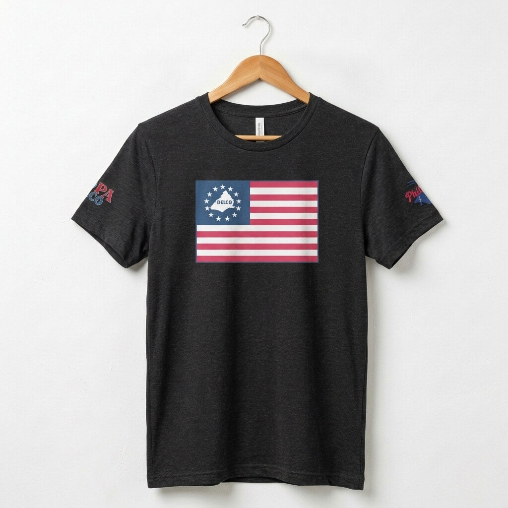 America 250 Delco flag black t-shirt by phillygoat