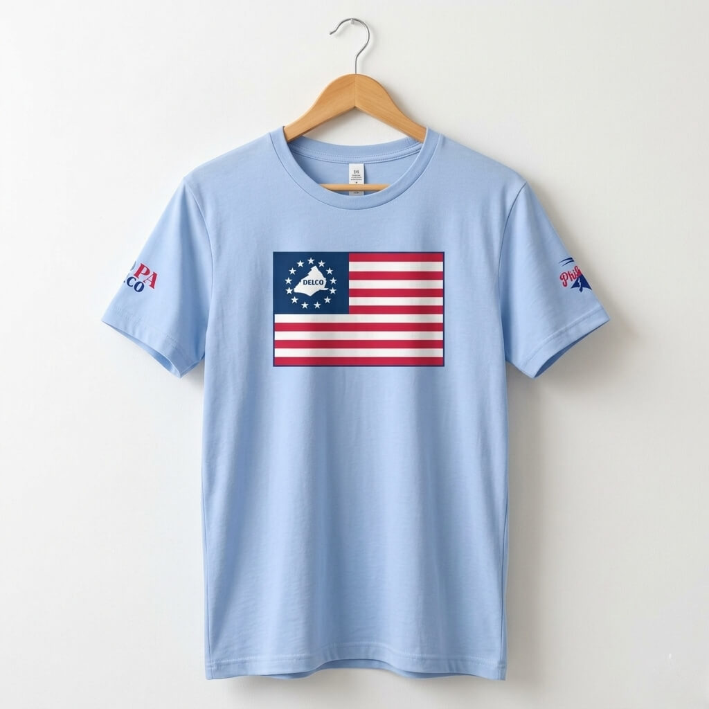 America 250 Delco flag light blue t-shirt by phillygoat