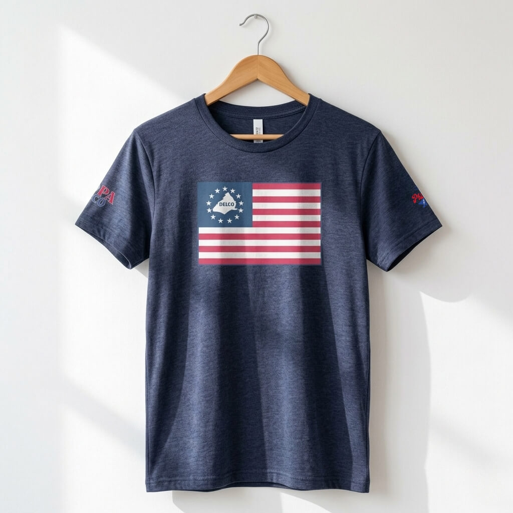 America 250 Delco flag navy blue t-shirt by phillygoat