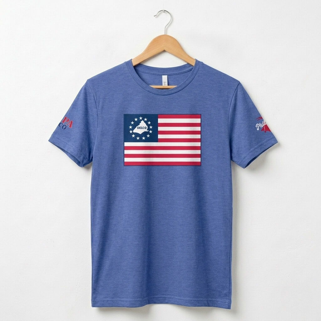 America 250 Delco flag royal blue t-shirt by phillygoat