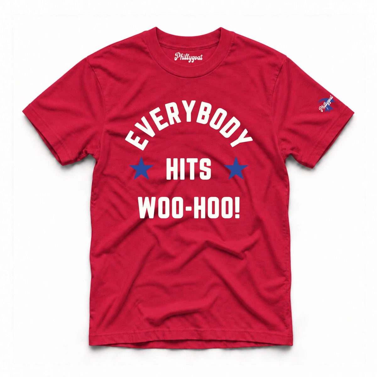 A red short-sleeve t-shirt with 'EVERYBODY HITS WOO-HOO!' printed in white and blue on the front, featuring a 'Philippist' brand logo inside the collar and a small logo on the right sleeve.